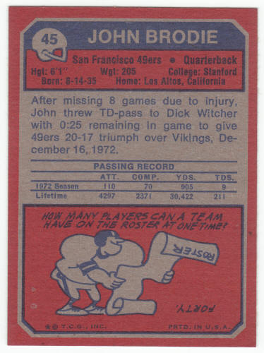 1973 Topps John Brodie #45 back