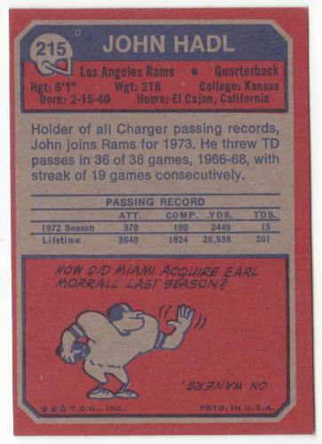 1973 Topps Football #215 John Hadl Card