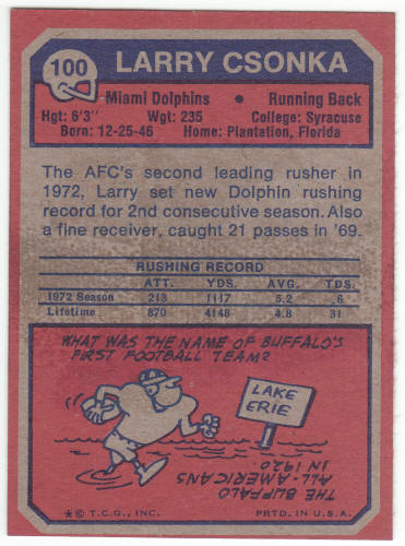 1973 Topps #100 Larry Csonka back