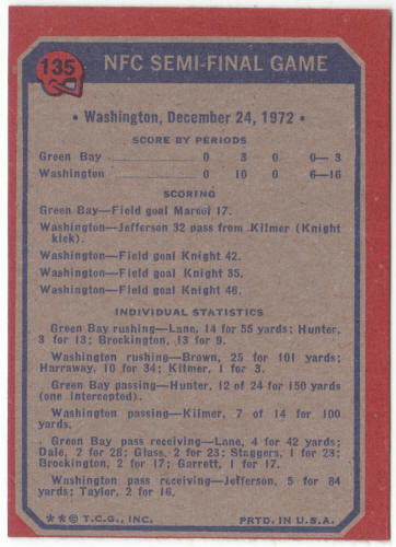 1973 Topps #135 NFC Semi Final Game back