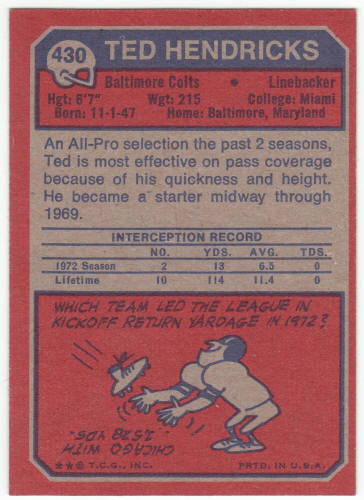 1973 Topps Football Ted Hendricks #430