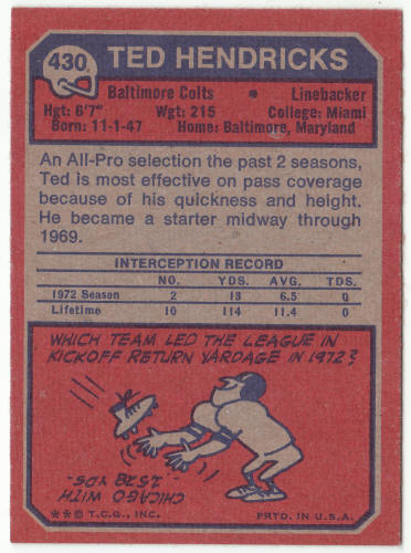 1973 Topps Ted Hendricks #430 back
