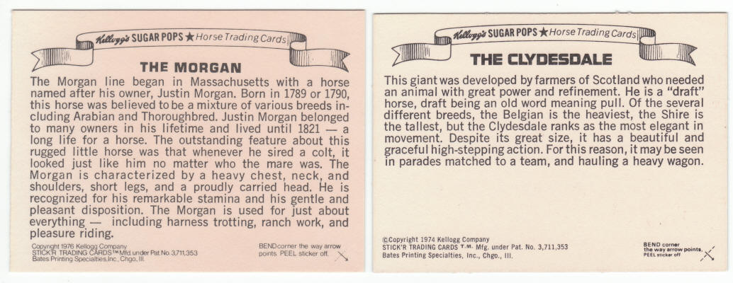 1976 1974 Kelloggs Sugar Pops Horse Trading Cards Cereal Premiums backs