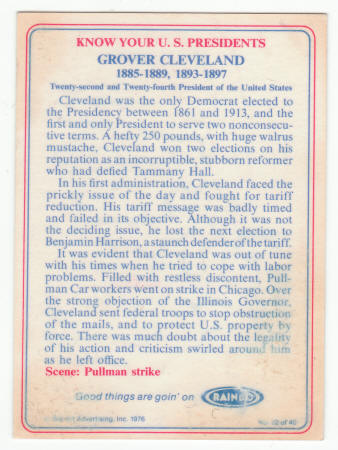 1976 Belart Know Your US Presidents #22 Grover Cleveland back