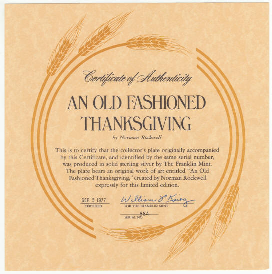 Norman Rockwells An Old Fashioned Thanksgiving Sterling Silver Plate COA