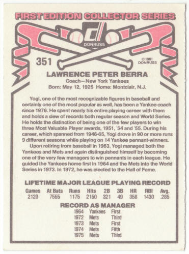 1981 Donruss Baseball #351 Yogi Berra CO