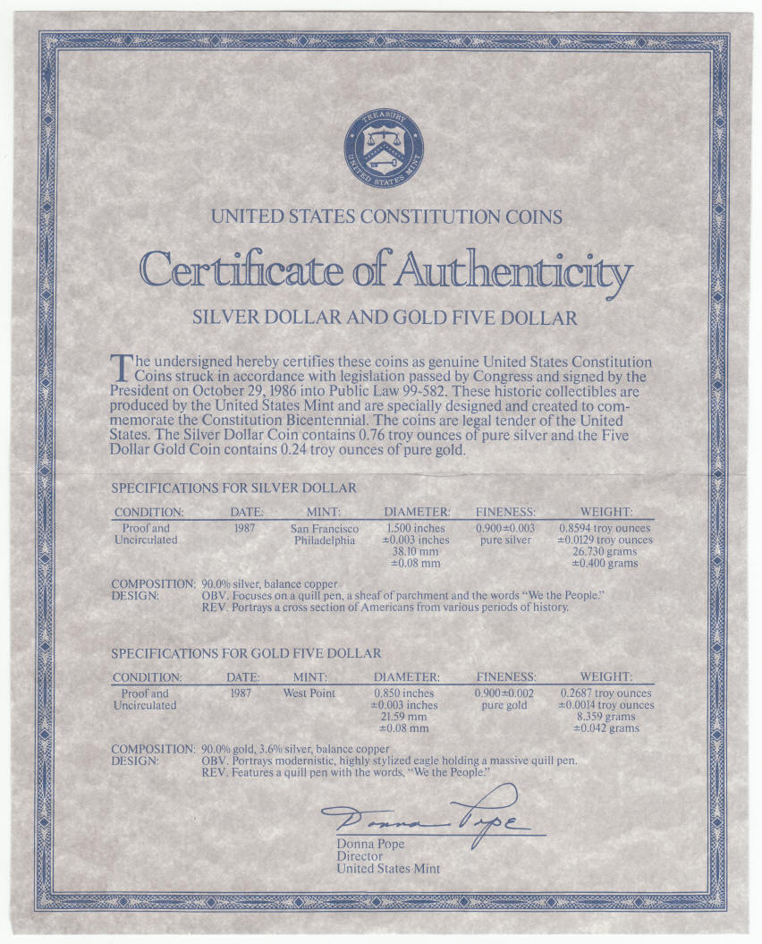 1987 US Constitution Coins Silver Dollar Gold Five Dollar Proof BU Set coa