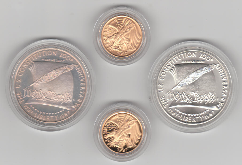 1987 US Constitution Coins Silver Dollar Gold Five Dollar Proof BU Set obverse
