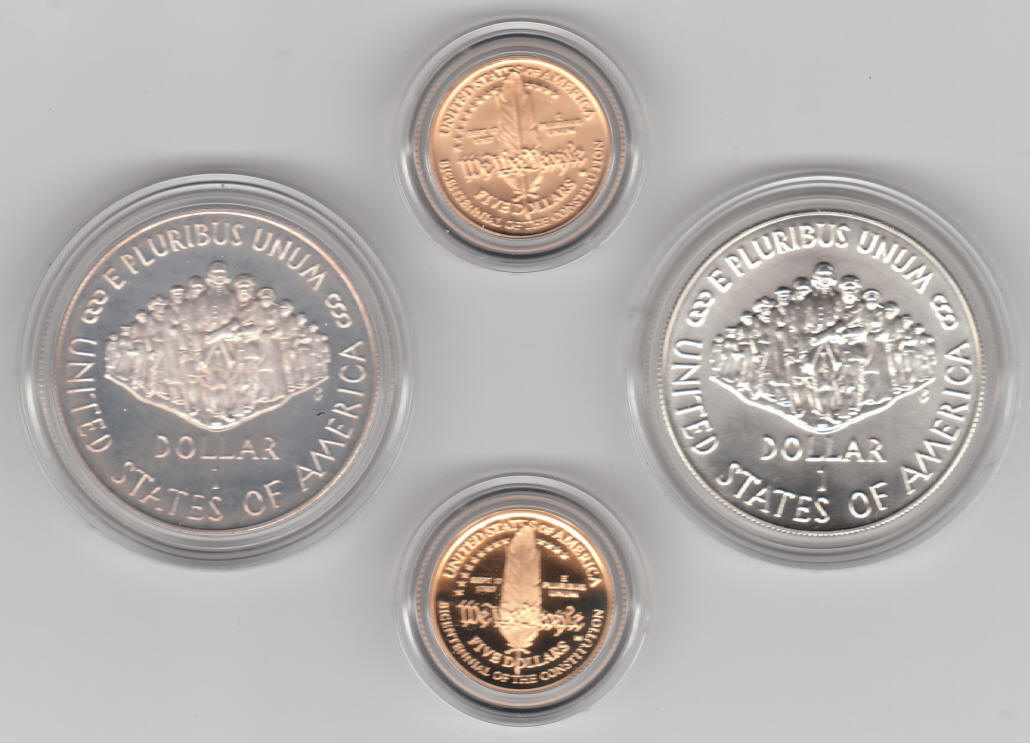 1987 US Constitution Coins Silver Dollar Gold Five Dollar Proof BU Set reverse