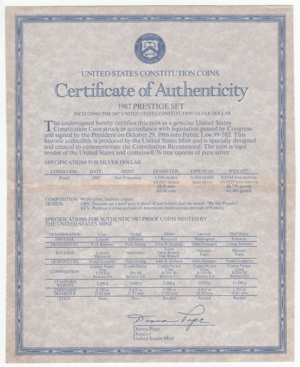 1987 United States Prestige Set coa