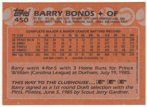 1988 Topps Baseball #450 Barry Bonds