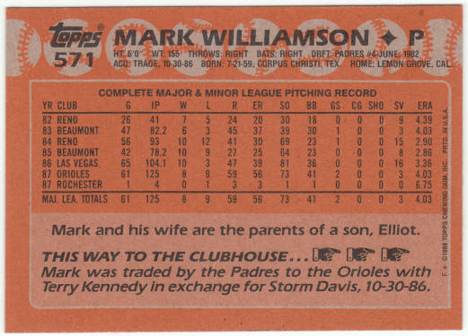 1988 Topps Baseball #571B Mark Williamson Correct