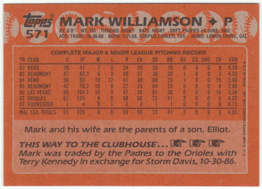 1988 Topps Baseball #571A Mark Williamson Error