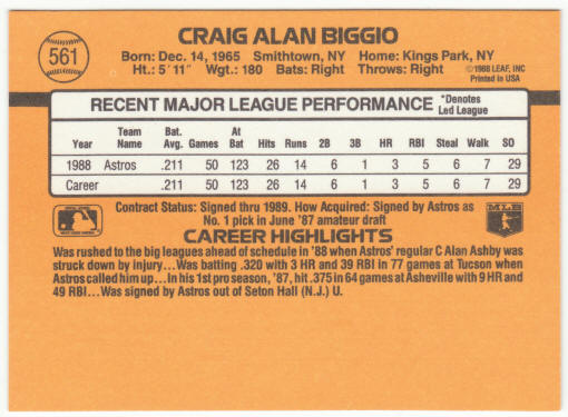 1989 Donruss #561 Craig Biggio