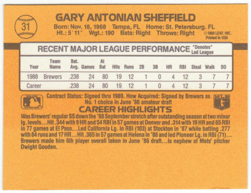 1989 Donruss Baseball #31 Gary Sheffield Rookie Card