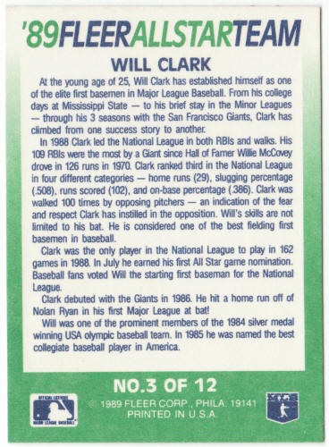 1989 Fleer All-Stars #3 Will Clark