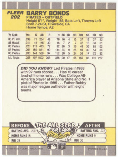 1989 Fleer Baseball #202 Barry Bonds