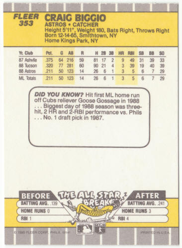 1989 Fleer #353 Craig Biggio