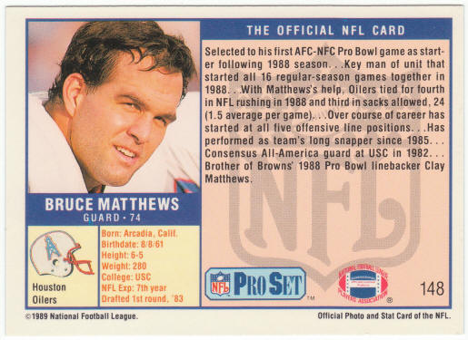 1989 Pro Set #148 Bruce Matthews Rookie Card