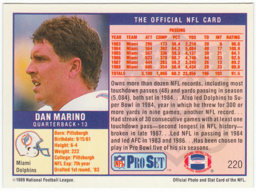 1989 Pro Set Football #220 Dan Marino