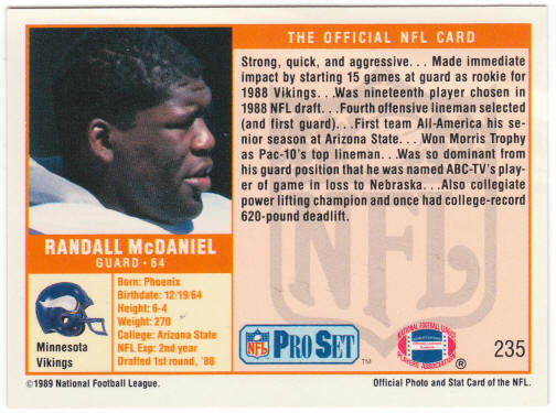 1989 Pro Set #235 Randall McDaniel Rookie Card