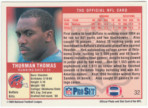 1989 Pro Set Football #32 Thurman Thomas Rookie Card
