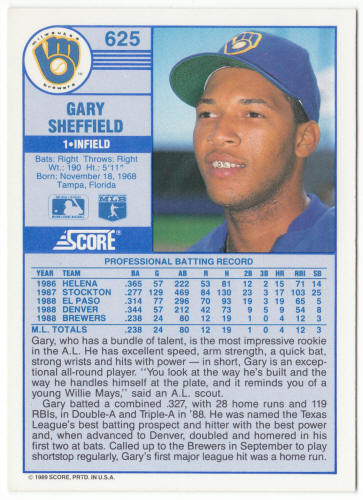 1989 Score Baseball #625 Gary Sheffield Rookie Card