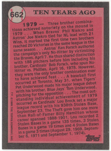 1989 Topps Baseball #662 Lou Brock Correct Card