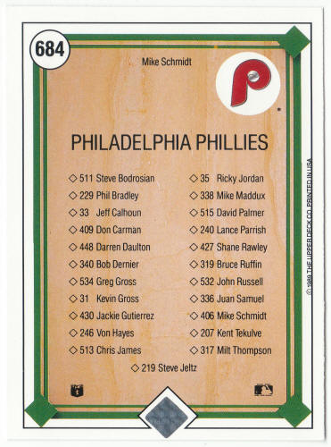 1989 Upper Deck Baseball #684 Mike Schmidt Team Checklist