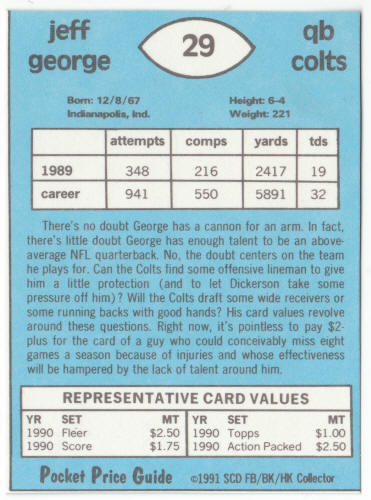 1990-91 SCD #29 Jeff George Pocket Price Guide Card