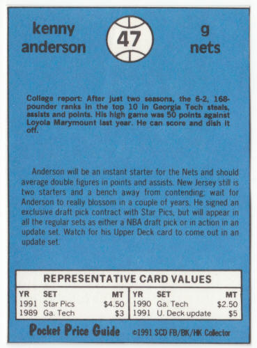 1990-91 SCD #47 Kenny Anderson Rookie Year Pocket Price Guide Card