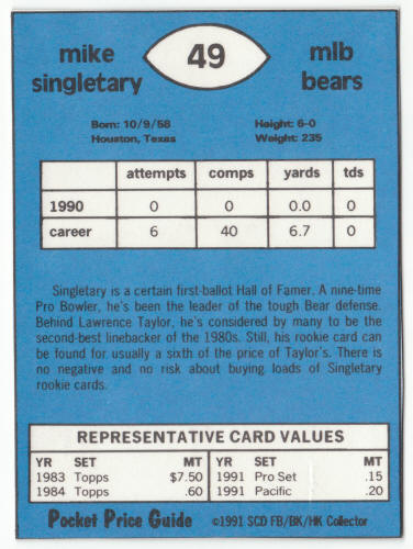 1990-91 SCD #49 Mike Singletary Pocket Price Guide Card