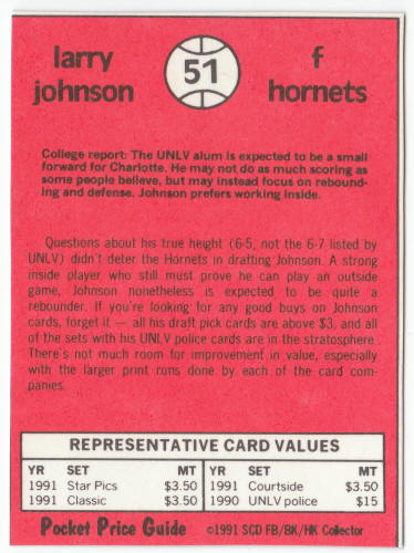 1990-91 SCD #51 Larry Johnson Rookie Year Pocket Price Guide Card