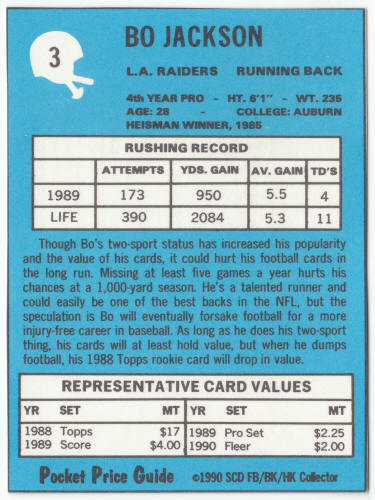 1990-91 SCD #3 Bo jackson Pocket Price Guide Card