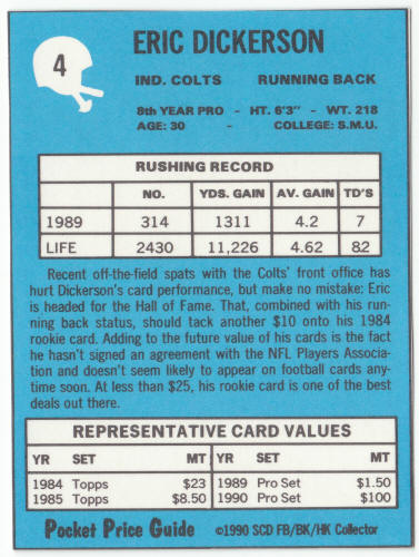 1990-91 SCD #4 Eric Dickerson Pocket Price Guide Card