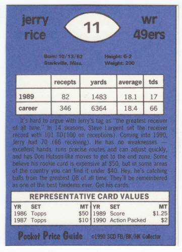 1990-91 SCD #11 Jerry Rice Pocket Price Guide Card back