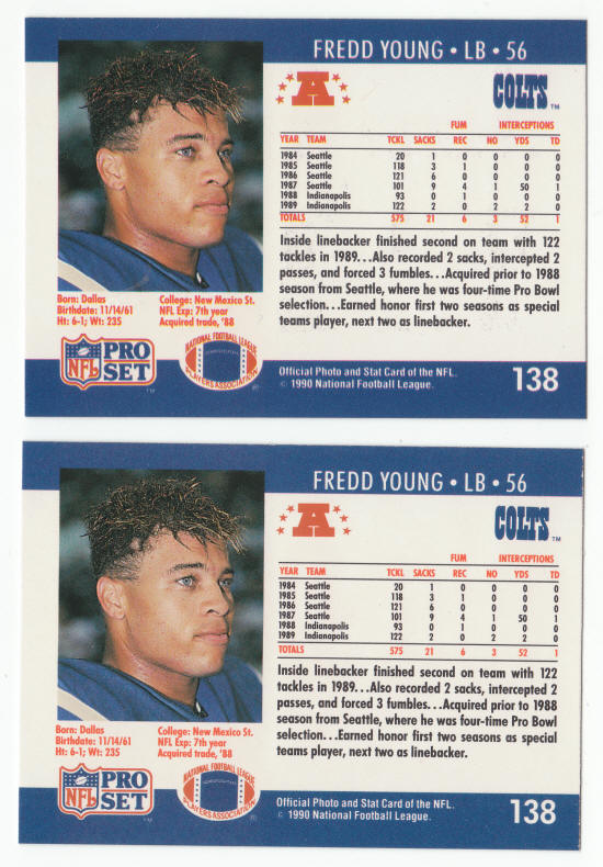 1990 Pro Set Fredd Young 138A ERR 138B COR card back