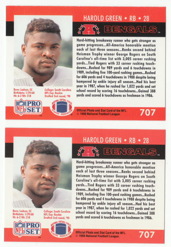 1990 Pro Set Harold Green Error Corrected Card back
