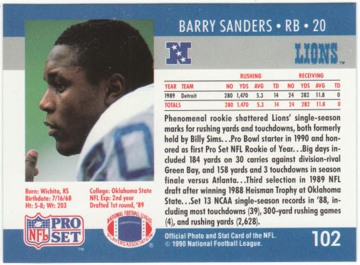 1990 Pro Set Football #102 Barry Sanders COR