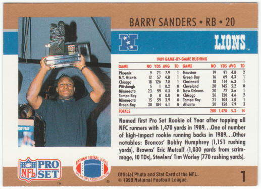 1990 Pro Set Football #1 Barry Sanders ROY