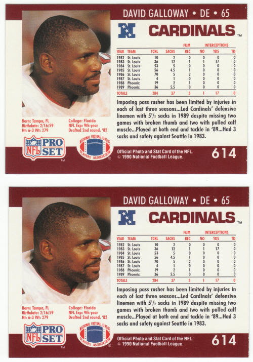 1990 Pro Set Football 614 David Galloway Error Corrected Cards