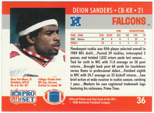 1990 Pro Set Football #36 Deion Sanders UER
