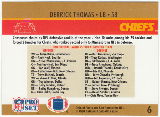 1990 Pro Set Football #6 Derrick Thomas Rookie of Year