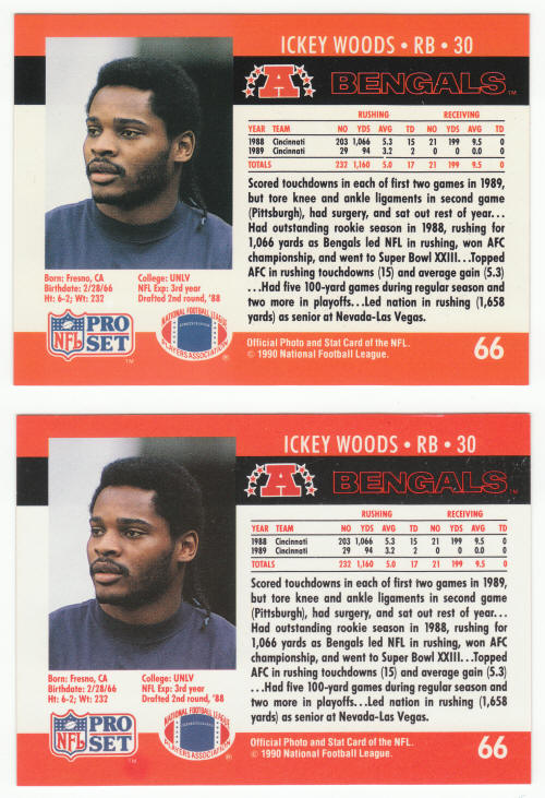 1990 Pro Set Football 66 Ickey Woods Error Corrected cards