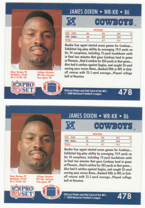 1990 Pro Set Football 478 James Dixon Error Correct Rookie Card