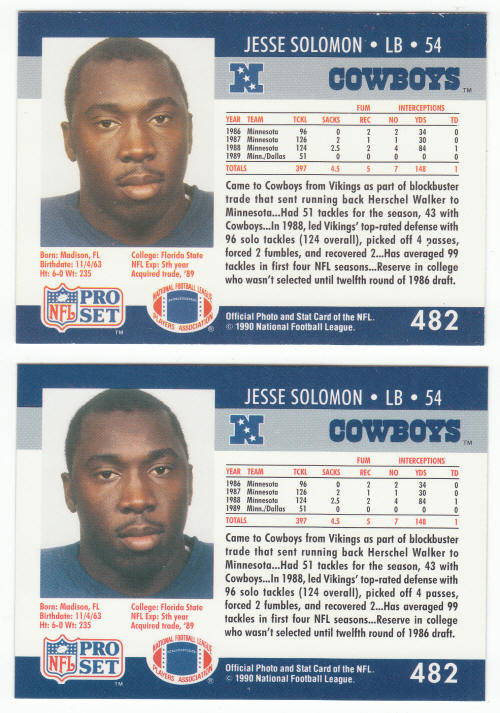 1990 Pro Set Football Jesse Solomon Error Corrected cards
