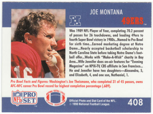 1990 Pro Set Football #408 Joe Montana Pro Bowl