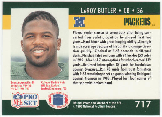 1990 Pro Set Football #717 LeRoy Butler Rookie Card
