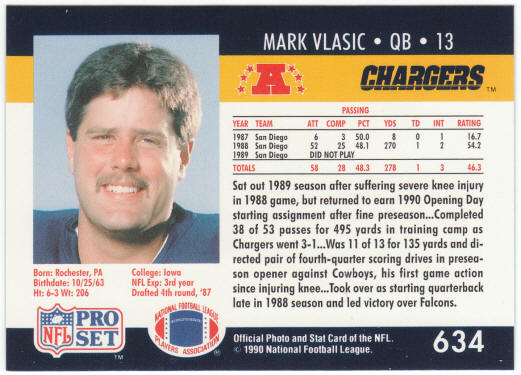 1990 Pro Set Football #634A Mark Vlasic ERR