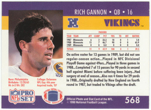 1990 Pro Set Football #568 Rich Gannon Rookie Card